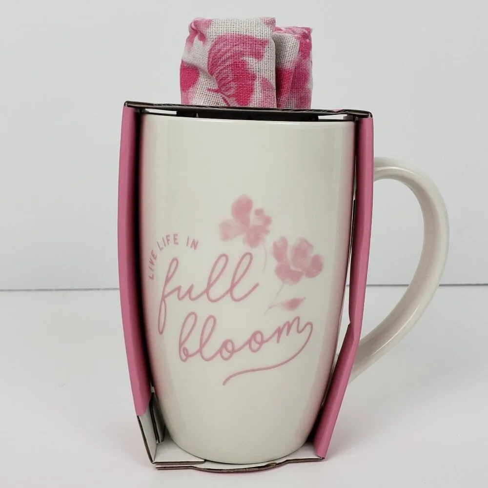 ELUM Pink & White Full Bloom Tea Towel & Mug Set, Spring Hostess Gift Floral NWT - Picture 1 of 6